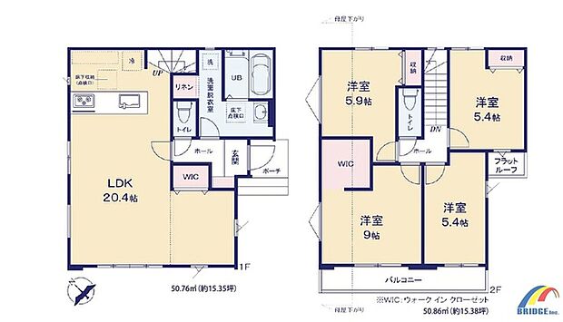 間取り図です。 駐車2台可能で、日差しが差し込む3面採光仕様の明るい広々リビングです。 またWICが2か所付いており帽子やバッグもラクラク収納できます。 