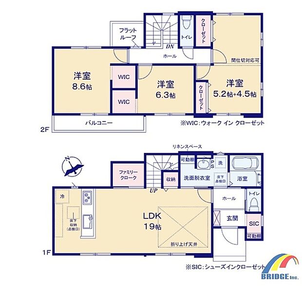 間取り図です。 駐車2台可能で、家族の衣服をスッキリ収納できるファミリークローク付き。 寝室は間仕切り対応可能部屋で、お子さまの成長にあわせて間取を変えられます。 