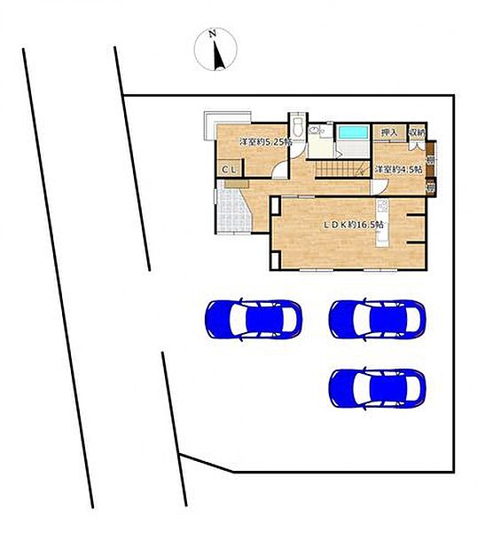 【区画図】駐車スペースは3台分確保（車種によります）。複数台お車を所有されている方にもおすすめです。