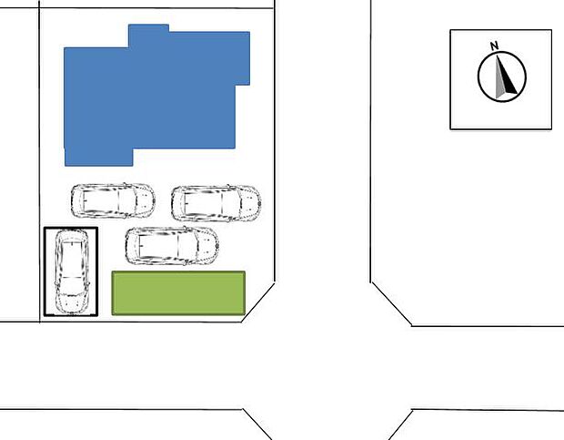 【区画図】3台分は道路よりも地盤が高い駐車場になっています。車高が低い車用に1台分道路と同じ高さの駐車場もございます。