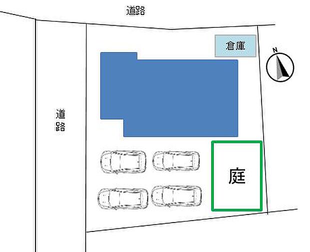 【区画図】駐車スペースは4台分確保（車種によります）。複数台お車を所有されている方にもおすすめです。