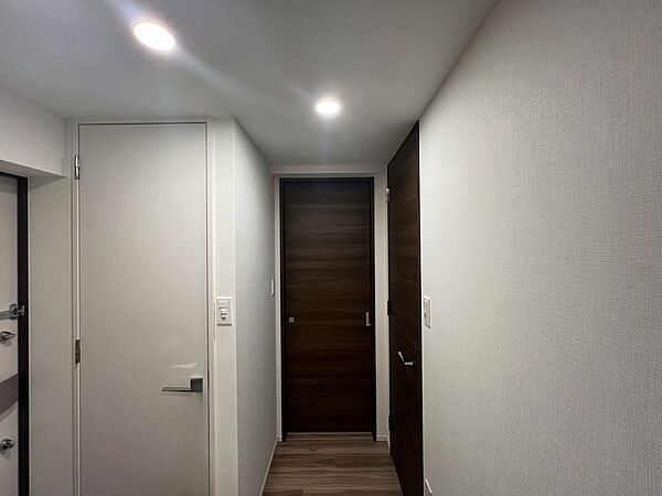 落ち着いた木目の扉と明るい照明が調和した廊下。シンプルで洗練された空間が住まい全体の上質さを引き立てます。
