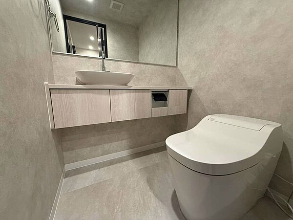 大型のワイド鏡とカウンターの手洗いを設置し自動洗浄、開閉の高機能トイレを設置しております。