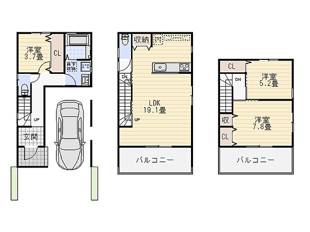 【間取図】木造3階建「3LDK」の住まい。LDKは2階に配置されているため、前面道路からの視線が気になりにくい設計です。キッチンは会話が弾む対面式。LDKと3階各洋室は、2面採光が確保されています。
