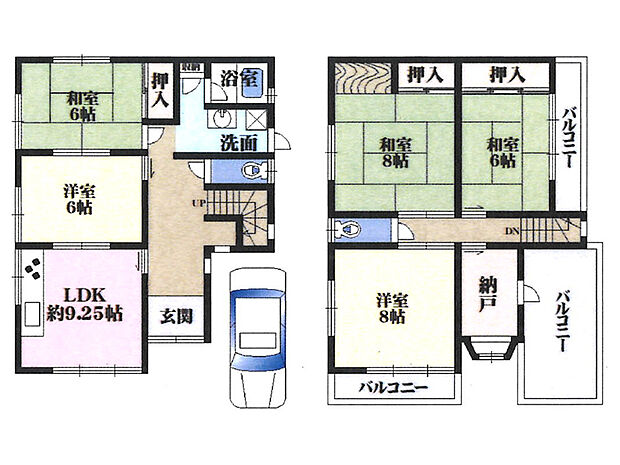 【間取図】全居室6.0帖以上の広さ！納戸や押入などの収納が設けられており、住空間の有効活用が可能です。各階にトイレ有◎3か所のバルコニーや駐車スペース1台分(車種による)付きです。