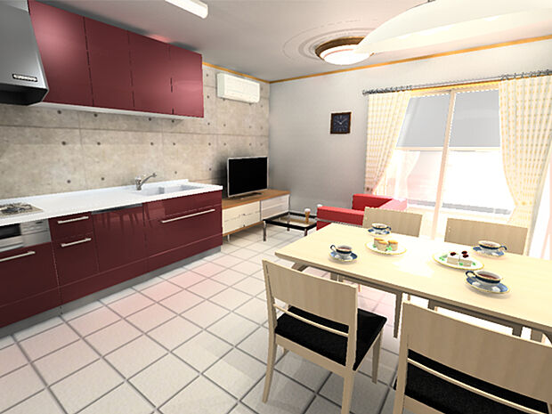 【内観イメージパース】洗練された内装デザイン。キッチンは空間を有効活用できる壁付け式。お好きなインテリアを置いてお部屋作りを楽しめます。(建物価格1480万円、建物面積89m2＜ガレージ部分含む＞)