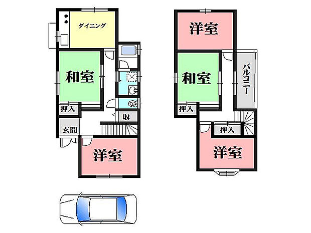 【間取図】木造2階建5DKの間取り。各居室は振り分けタイプのため、個室を振りわけしやすく、プライベートな時間をゆったり過ごせそうな住まいです。2階廊下にバルコニーが設けられています。