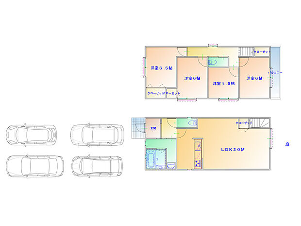 【プラン図】1階にLDKと水回り、2階にそれぞれの個室を配置した4LDKの住まいです。約20帖のLDKは、ご家族との会話が弾む、対面式キッチンを採用◎（建物面積100m2、建物価格1650万円）