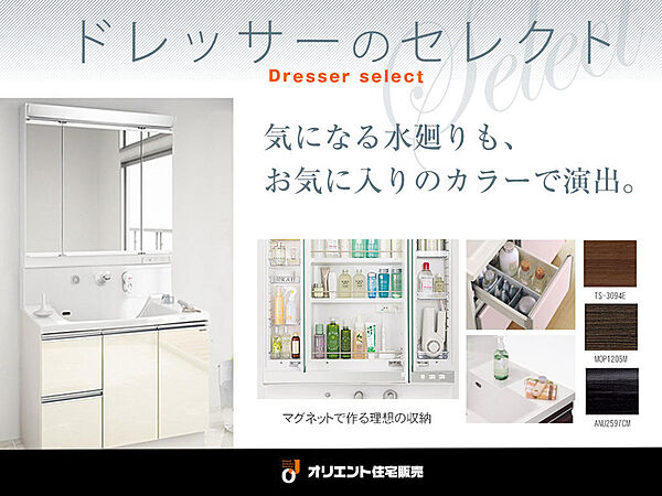 【ドレッサーもお好みのカラーで】お気に入りのカラーの洗面台だと、毎朝の気分を上げてくれます。明るく爽やかなホワイトや、重厚感を演出するブラックで個性的な洗面空間なども◎