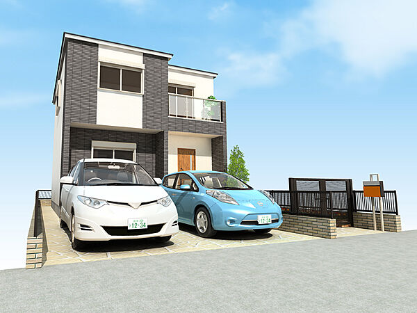 【外観イメージパース】ゆとりある土地を活かした、2階建、3LDKの住まいです。敷地内には2台分のカースペース(車種による)有り。(建物価格1550万円、建物面積96m2〈ライフライン・解体費別途〉)