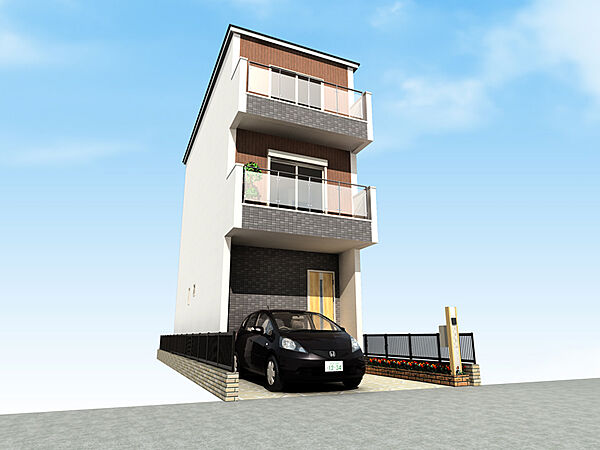 【外観イメージパース】3階建「4LDK」の建物プラン例です。2階にLDKを設けており、窓の外からの視線を気にせず寛げます。（建物面積95m2、建物価格1700万円）