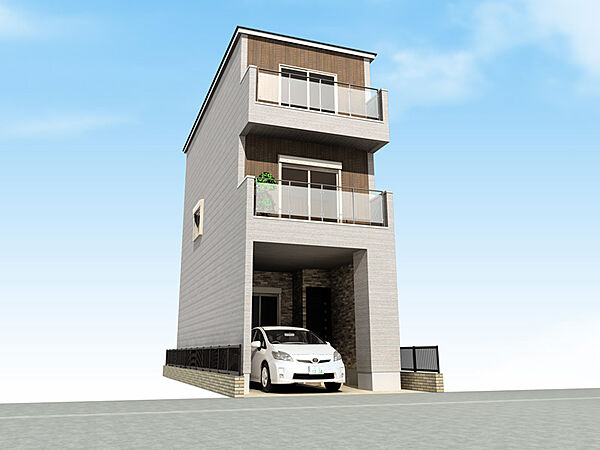 【外観イメージパース】3階建て「4LDK」の住まい。LDKを2階に配置することで、プライベート性と開放感を兼ね備えた住空間に。(建物価格1730万円、建物面積97m2 ※ガレージ含む)