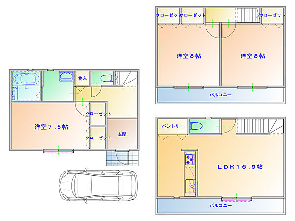 【プラン図】LDKは約16.5帖！ 全居室7.5帖以上の広さを確保したゆとりあるプランです。各洋室の収納やパントリーなど収納を豊富に設けています。(建物価格1770万円、建物面積100m2)