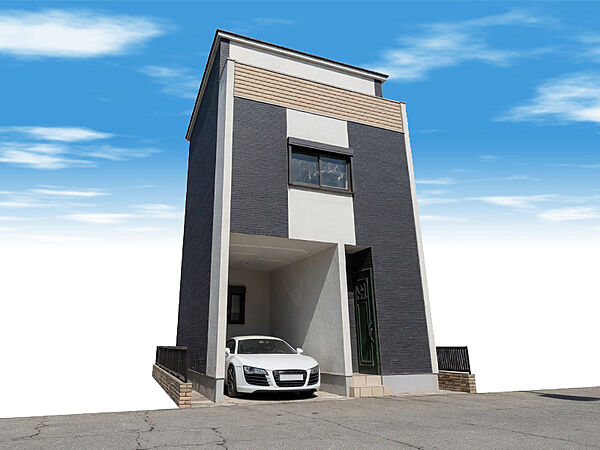 【外観イメージパース】黒を基調とした、木造3階建て「3LDK」の建物プラン例をご用意。カースペース付き(車種による)◎（建物価格1630万円、建物面積91m2＜ガレージ含む＞）