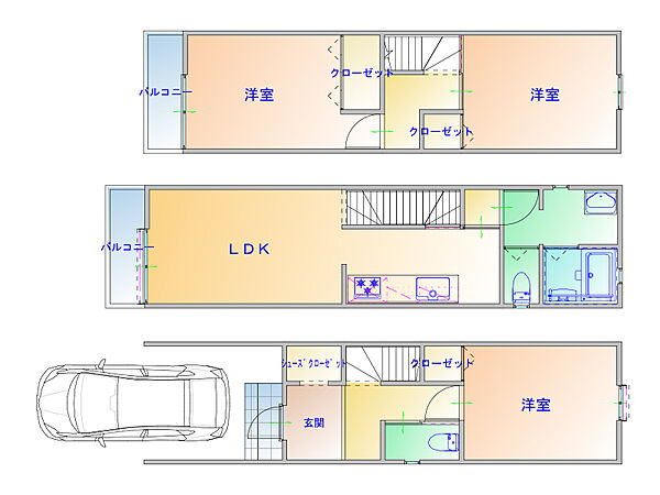 【プラン図】2階キッチン近くに水回りがまとまった、家事動線の良い間取りです◎各洋室には収納を備え、住空間をすっきりと保つことができます。(建物価格1550万円、建物面積86m2＜ガレージ含む)＞