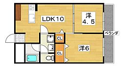 ウインドヒル香里1 2DKの間取図画像