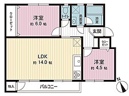 鵜野森団地B 2LDKの間取図画像