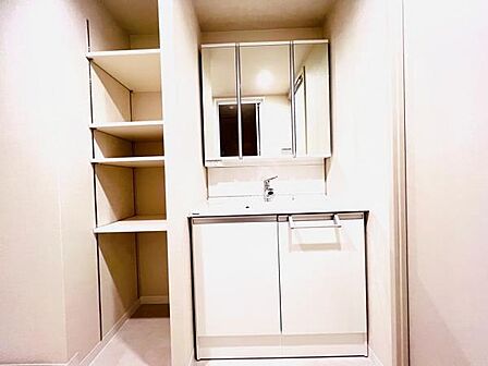 洗面化粧台です。朝の身支度から1日が始まります。