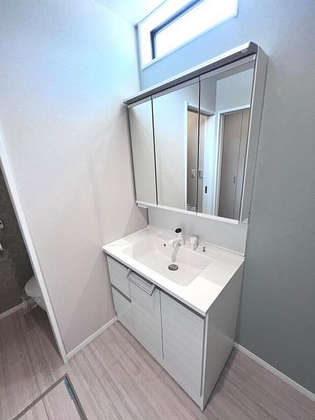 洗面化粧台です。朝の身支度から1日が始まります。