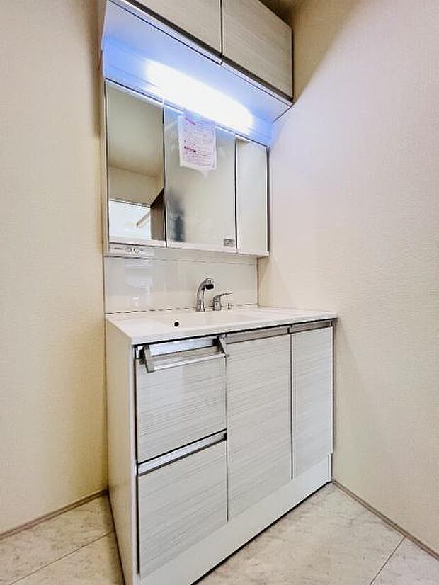 洗面化粧台です。朝の身支度から1日が始まります。