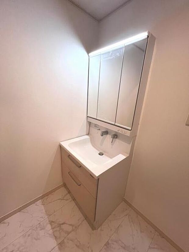 洗面化粧台です。朝の身支度から1日が始まります。