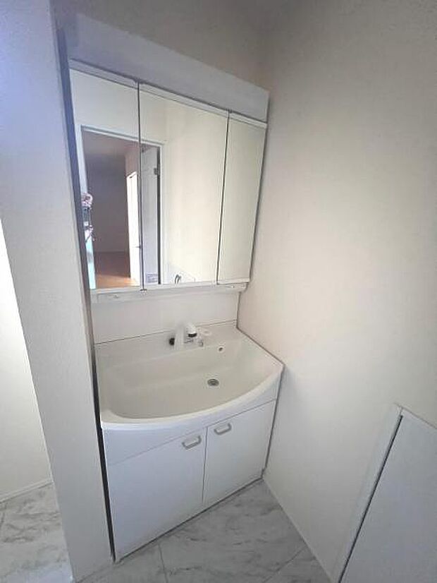 洗面化粧台です。朝の身支度から1日が始まります。