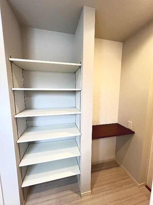 脱衣場の収納とカウンターがあります。