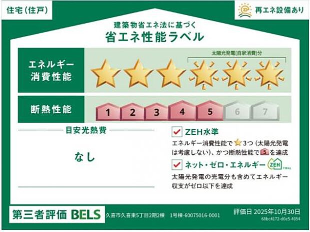 BELS取得物件です。建物の省エネルギー性を示すための、第三者認証制度です。