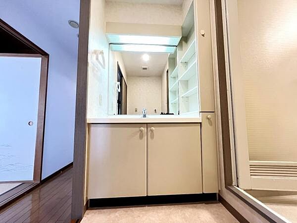 洗面化粧台です。朝の身支度から1日が始まります。