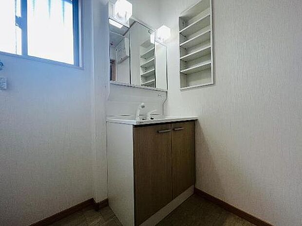 大きな鏡と収納付きの独立洗面台です。