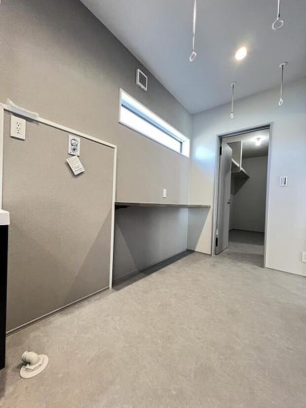 独立洗面台の横にはランドリースペースがあり、カウンターもあります。