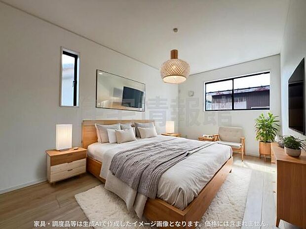 7.5帖の寝室です。ベッドと家具を置いたイメージ画像です。