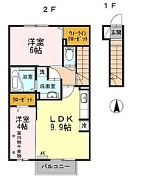 Ｔ’ｓ south 2階2DKの間取り
