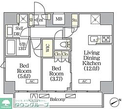 ジオエント町屋 8階2LDKの間取り