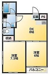 メゾン王城 2階2DKの間取り