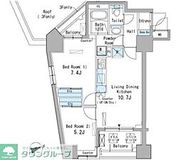 パークアクシス駒込 9階2DKの間取り