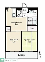 エクセル・フラットIII 2階2DKの間取り