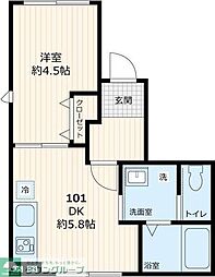 東京メトロ千代田線 北千住駅 徒歩15分の賃貸アパート 1階1DKの間取り