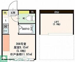 ハーモニーテラス向島II 2階ワンルームの間取り