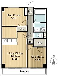 ソサエティ柿の木坂アネックス 5階2LDKの間取り