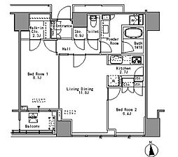 Ｗｈｉｔｅ　Ｔｏｗｅｒ　Ｈａｍａｍａｔｓｕｃｈｏ 23階2LDKの間取り