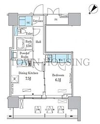 ＨＡＲＵＭＩ　ＦＬＡＧ　ＰＯＲＴ　ＶＩＬＬＡＧＥ　D棟 12階1DKの間取り