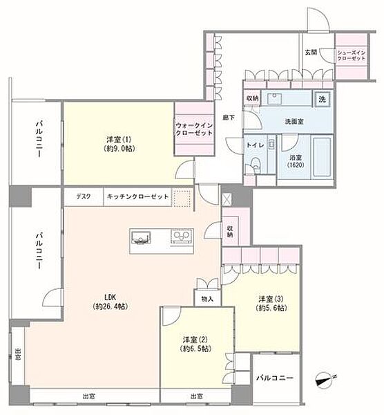 開放感とゆとりのある玄関廊下が、ワンランク上の住まいを演出します。角住戸ならではの独立性に加え、 各居室に窓を備えた明るく開放的な住まいです。全居室に収納を備え、機能的な間取りです。