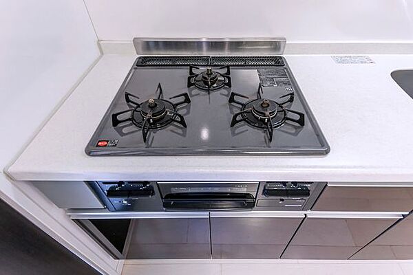料理の幅が広がる、3口ガスコンロ付きです。