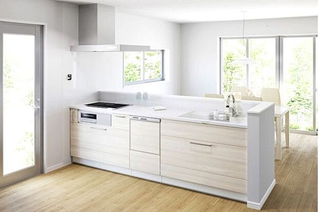 タッチレス水栓、人造大理石一体型シンク採用でより快適なキッチン。家事の時短に食洗機付き。（同仕様）