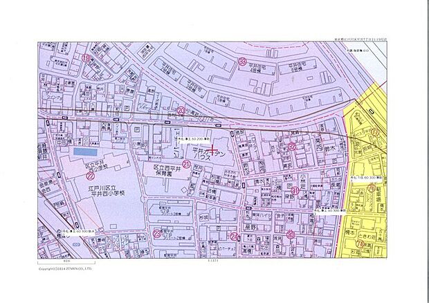 江戸川区、用途地域図（当物件は準工業地域に該当。まずは中古マンションの勉強会の感覚でお臨みください！