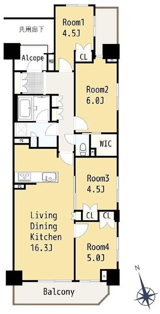 間取（81m2強、共用廊下に面さず、WIC、4階　南・東・北の三方角、2面開口洋室3部屋！）