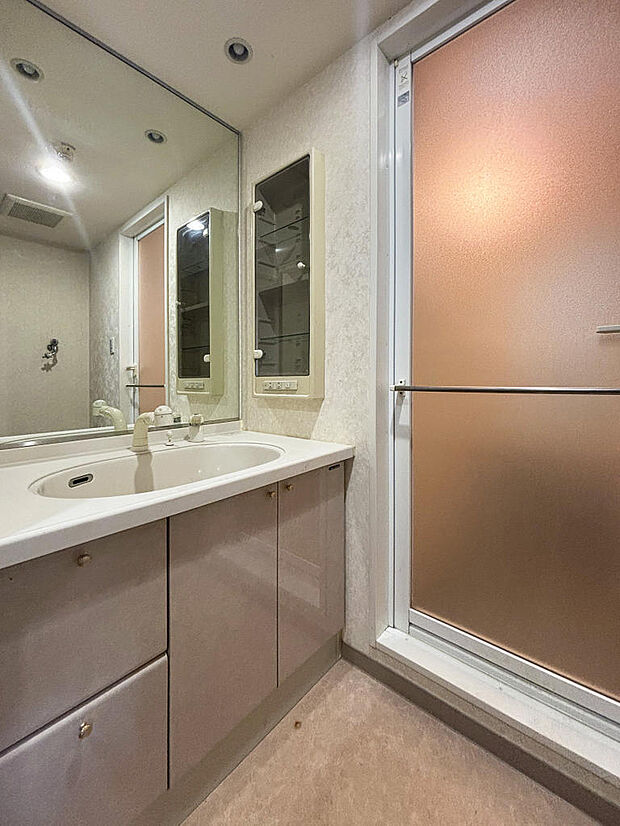 大きな鏡と深くて大きめなボウルが設置された洗面化粧台。