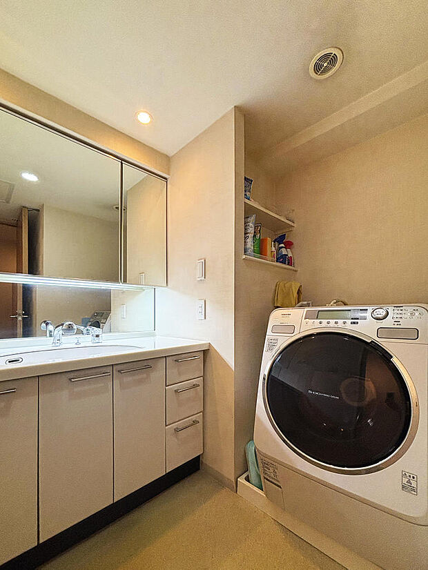 三面鏡収納付きの洗面化粧台。洗濯機横には洗剤等を置ける棚が配置されています。