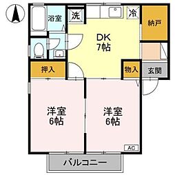 セジュール赤城 2階2DKの間取り